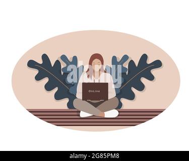 Bildung Mädchen mit Laptop arbeitet im Bos der Natur, Fernunterricht, online, Webinar, Training, Virtuelles Webseminar. Vektorgrafik Stock Vektor