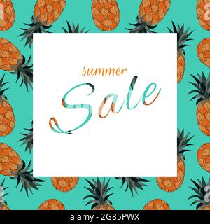 Sommer Sale Banner für Design. Ananas, Ananas, orange-blaue Farben. Vorlage. Vektorgrafik Stock Vektor