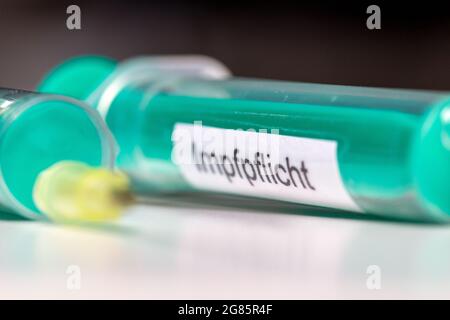 Hypodermische Nadel mit der Aufschrift Impfpflicht, symbolisches Bild Stockfoto