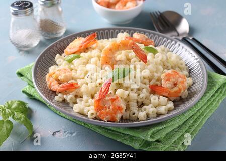 Italienische Ditalini-Pasta mit Garnelen und Basilikum in grauer Platte auf hellblauem Hintergrund. Stockfoto