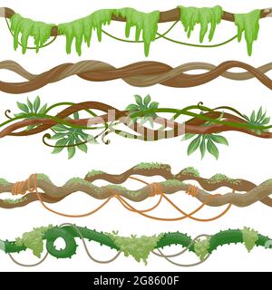 Nahtlose Dschungelrebe am Ast. Wilder tropischer Baum mit Liane, Blättern und Moos. Grüner Kriechpflanzenstamm. Cartoon Regenwald Vektor-Muster Stock Vektor