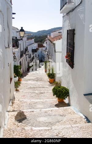 Frigiliana Dorf Spanien. Historisches maurisches Viertel. Schmale Straße mit alten, traditionellen Häusern. Steile, abgestufte Gasse. Aufnahme im Hochformat. Stockfoto