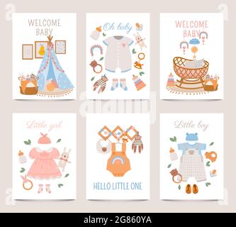 Poster zur Einrichtung des Kindergartens. Baby-Duschkarten für Jungen und Mädchen mit neugeborener Kleidung, Spielzeug und Kinderbett im Boho-Stil. Niedliches Vektor-Set mit kindlichem Druck Stock Vektor