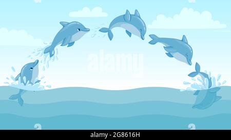 Delfine springen aus dem Wasser. Cartoon Meereslandschaft mit springenden Delfinen und Spritzern. Niedliche Ozean Delphin Charakter Vektor Animation Frames Stock Vektor