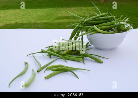 Rettich Pods Haufen isoliert auf weißem Hintergrund. Frische Bio-indischen und pakistanischen Gemüse selektiven Fokus auf frische saisonale Gemüse grünen Pfahl Stockfoto