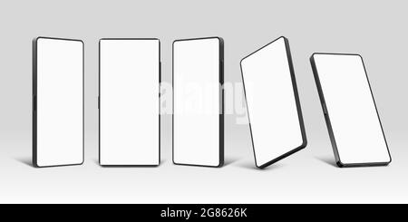 Smartphone-Modelle. Realistische 3d-Gerätevorlage für Mobiltelefone mit leerem Bildschirm. Mobiltelefon im Vordergrund, perspektivische und Winkelansicht Vektorset Stock Vektor
