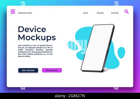 Landing Page mit Smartphone-Mockup. Mobile App-Präsentations-Banner mit 3d-realistischem Telefon mit leerem Display. Web-Design-Vektor-Vorlage Stock Vektor
