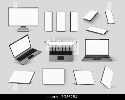 Gadgets Mockups. Realistisches Notebook, Mobiltelefon, Computerbildschirm und Tablet in Front, Winkel und Draufsicht. 3D Smart Device Vector Set Stock Vektor