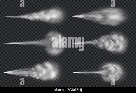 Luftwasserspray. Realistischer Nebeldampf und Wolke aus Zerstäuber. Aerosol Deodorant oder Parfümstrahl. Verteilte Partikel wirken sich auf isolierte Vektorgruppe aus Stock Vektor