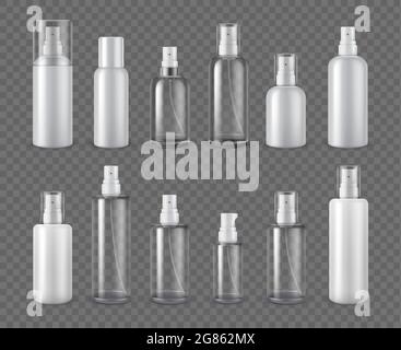 Sprühflaschen. Realistische kosmetische Aerosol-, Deodorant- oder Sprayer-Klarlaschenpackungen. 3d-Kunststoff-Creme Spender mit Kappe Vektor-Set Stock Vektor