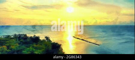 Sonnenaufgang über dem Meer. Silhouetten von Bäumen. Künstlerische Arbeit zum Thema Natur Stockfoto