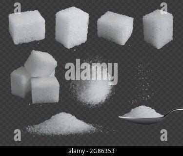 Realistischer Zucker. 3d-Glukose in Würfeln und Pulver. Weißer Getreidezucker im Löffel, Pile Top und Seitenansicht. Vektor-Set zur Würzung von Süßfruktose Stock Vektor