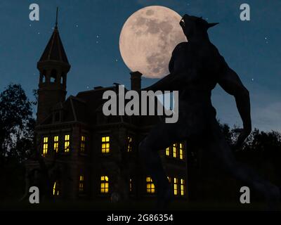 Illustration eines Werwolf während des Vollmondes in der Nähe eines Hauses im gruseligen Wald - 3d-Rendering Stockfoto