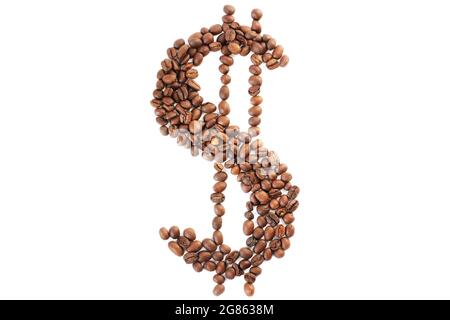 Kaffeebohnen. Sign Dollar aus Kaffeebohnen auf weißem Hintergrund. Braun Stockfoto