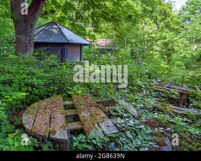 Lost Place, bewachsener Biergarten mit moosigen Sitzbereichen, Gasthof Obermühltal, Bayern, Deutschland, Europa Stockfoto