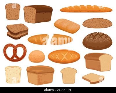 Cartoon-Brot-Produkte. Toastscheibe, gebackenes französisches Baguette, Weizen- und Vollkornbrot, Brezel und Ciabatta. Frisches Backgebäck Vektor-Set Stock Vektor