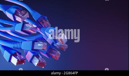 Nahaufnahme von ethernet-Kabeln auf dunklem Hintergrund mit blauer und roter Neonbeleuchtung. Konzept für Konnektivität, Internet und Technologie. 3d-Rendering Stockfoto