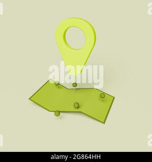 3d-Ortsnadel mit abstrakter Karte darunter und Daumennacks oben. Minimales Konzept von Reise, Natur und Transport. 3d-Rendering Stockfoto