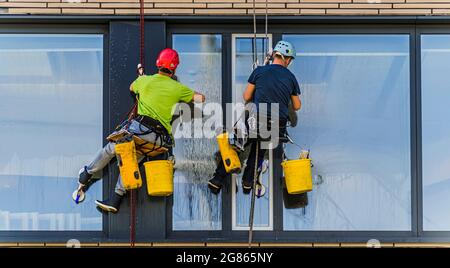 Zwei Männer putzten Fenster in einem Bürogebäude Stockfoto