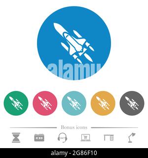 Space Shuttle mit Abschussrampen flache weiße Symbole auf runden farbigen Hintergründen. 6 Bonus-Symbole enthalten. Stock Vektor