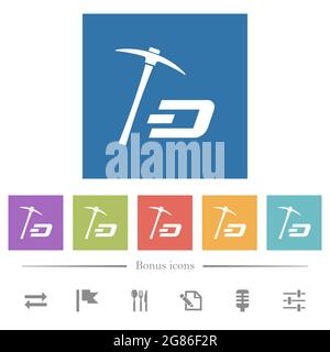 Dash Kryptowährung Mining mit Schatz flach weißen Symbolen in quadratischen Hintergründen. 6 Bonus-Symbole enthalten. Stock Vektor