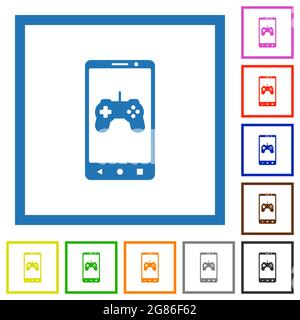 Mobile Gaming flache Farbsymbole in quadratischen Rahmen auf weißem Hintergrund Stock Vektor