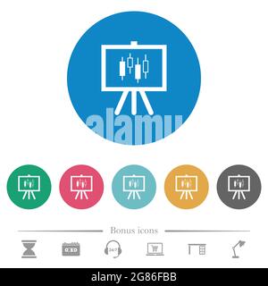 Präsentationstabelle mit flachen weißen Symbolen auf runden farbigen Hintergründen. 6 Bonus-Symbole enthalten. Stock Vektor
