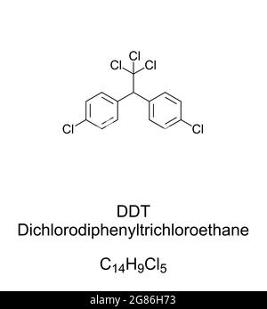 DDT, chemische Formel. Dichlordiphenyltrichlorethan oder Clofenotan, eine chemische Verbindung und ein Insektizid zur Begrenzung der Ausbreitung von Malaria und Typhus. Stockfoto