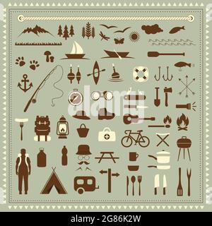 vector Set Camping Icons, Reiseausrüstung, Zelt, Kompass Stock Vektor