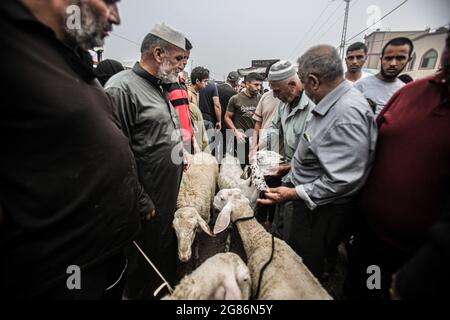 Gaza, Palästina. Juli 2021. Palästinenser verkaufen und kaufen Schafe auf einem Viehmarkt vor Eid al-Adha in Rafah im südlichen Gazastreifen. Kredit: SOPA Images Limited/Alamy Live Nachrichten Stockfoto