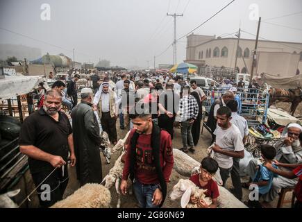 Gaza, Palästina. Juli 2021. Palästinenser versammeln sich auf einem Viehmarkt vor Eid al-Adha in Rafah im südlichen Gazastreifen. Kredit: SOPA Images Limited/Alamy Live Nachrichten Stockfoto