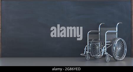Rollstuhl auf leerem Tafelhintergrund isoliert. Medizinische Geräte, Schulklasse, Zugang zu Bildung für behinderte Schüler Konzept. 3d-Illustrationen Stockfoto