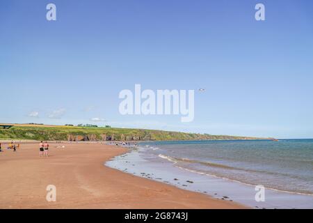 Lunan Bay Beach, Angus, Schottland, Großbritannien, 17. Juli 2021: Große Rettungsaktion der Küstenwache und RNLI, nachdem eine Mutter und Tochter heute am Lunan Bay Beach mit ihrem aufblasbaren Schlauchboot bei starkem Wind auf See getrieben wurden. Ein Offshore-Versorgungsschiff, das sich in der Nähe befand, startete ebenfalls seinen FRC, um bei der Rettung zu helfen. Auf diesem Foto sehen Sie die Ankunft des Küstenwache-Hubschraubers. (Quelle: Barry Nixon/Alamy Live News) Stockfoto