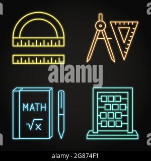 Neon-Symbole für mathematische Instrumente im Linienstil. Winkelmesser und Lineal, Kompasse und Quadrat, Theoriebuch und Abakus. Vektorgrafik. Stock Vektor