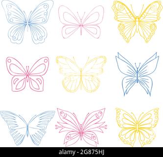 Eine Reihe von Vektor-Schmetterlingen. Skizzieren Sie Silhouetten verschiedener Schmetterlinge. Vektorvorlagen. Stock Vektor