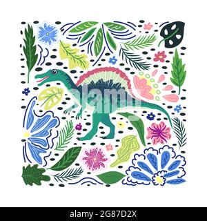 Spinosaurus Smaragd, prähistorische Dinosaurier-Kollektion. Uralte Tiere. Von Hand gezeichnet. In einem Rahmen aus Blumen und Blättern. Stock Vektor