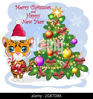 Cartoon Tiger trägt einen weihnachtsmann Hut mit Zuckerrohr in der Nähe des weihnachtsbaums. Kinderstil, Schatz. Symbol des Jahres 2022. Grußkarte Stock Vektor