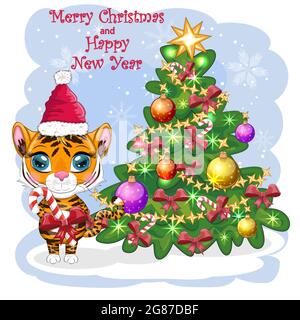 Cartoon Tiger trägt einen weihnachtsmann Hut mit Zuckerrohr in der Nähe des weihnachtsbaums. Kinderstil, Schatz. Symbol des Jahres 2022. Grußkarte Stock Vektor
