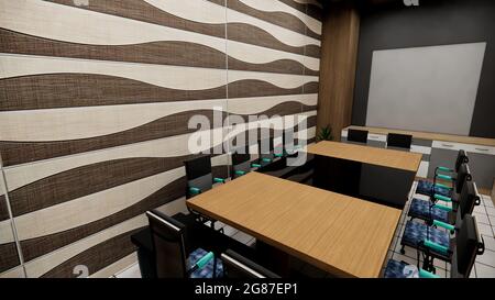 3D-Rendering eines Konferenzraums mit Tisch und Stühlen Stockfoto