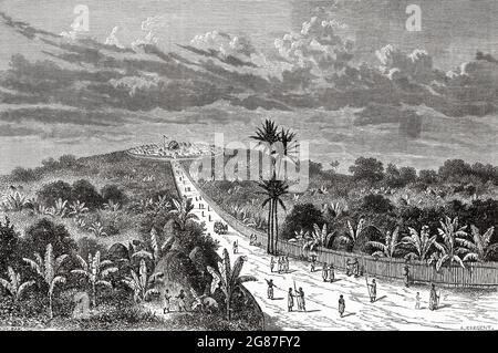 Die Hauptstadt des Königreichs Buganda. Es wurde von König Muteesa I. von Buganda (1837-1884) Uganda, Zentralafrika, regiert. Reisen Sie ins unerforschte Afrika, den geheimnisvollen Kontinent von Henry Morton Stanley. Alte gravierte Illustration aus dem 19. Jahrhundert, El Mundo Ilustrado 1880 Stockfoto