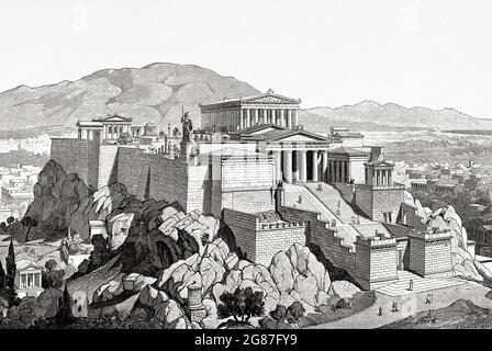 Künstlerische Nachbildung der Akropolis in Athen, Griechenland. 5. Jahrhundert v. Chr. Altes Griechenland, Europa. Alte Illustration aus dem 19. Jahrhundert von El Mundo Ilustrado 1880 Stockfoto