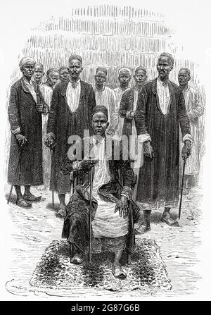 Muteesa i Mukaabya Walugembe Kayiira und seine Häupter Kabaka vom Königreich Buganda. Uganda, Zentralafrika. Reisen Sie ins unerforschte Afrika, den geheimnisvollen Kontinent von Henry Morton Stanley. Alte gravierte Illustration aus dem 19. Jahrhundert, El Mundo Ilustrado 1880 Stockfoto