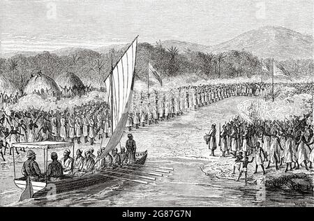 Stanley Expedition. Empfang in Usavara durch Muteesas Leibwächter, Premierminister und Führer von König Muteesa I von Buganda, Zentralafrika. Reisen Sie ins unerforschte Afrika, den geheimnisvollen Kontinent von Henry Morton Stanley. Alte gravierte Illustration aus dem 19. Jahrhundert, El Mundo Ilustrado 1880 Stockfoto