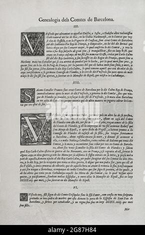 Constitutions y Altres Drets de Cathalunya, compilats en virtut del Capítol de Cort LXXXII, de las Corts per la S.C.Y.R. Majestat del rey Don Philip IV, nostre senyor celebradas en la ciutat de Barcelona any MDCII. (Verfassungen und andere Rechte Kataloniens, die gemäß dem Gerichtskapitel LXXXII der Gerichte unter dem Vorsitz von Philip V. erstellt wurden und die in der Stadt Barcelona abgehalten wurden. L 1702, S. Erster Band. Gedruckt im Haus von Joan Pau Martí und Joseph Llopis Estampers, 1704. Inbegriff der Familie der Grafen von Barcelona. Historische Militärbibliothek von Barcelona, Katalonien, Spanien. Stockfoto