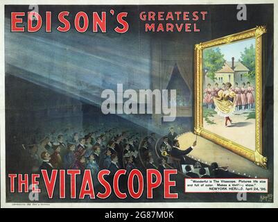 Filmposter für Edisons größtes Wunder - das Vitascope. 1896. Auditence beim Betrachten einer Show auf der Bühne. Stockfoto