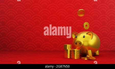 Gold Sparschwein Schritt Bühne Podium Bühne Kulisse chinesischen Stil . 3d-Rendering Stockfoto