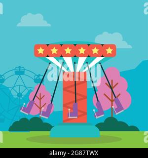 Vergnügungspark mit Schaukeln und Riesenrad Stock Vektor