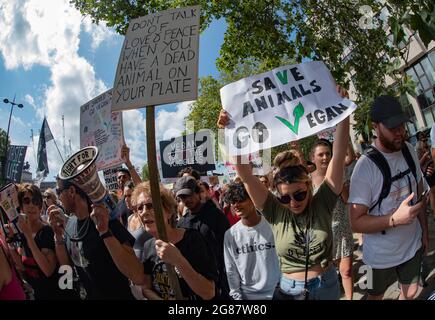 Die Offiziellen Tierrechte März London 2019. „Save Animals Go Vegan“. Aktivisten marschieren am 17. August 2019 durch die britische Hauptstadt Stockfoto