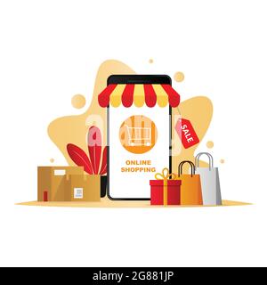 Mobile Commerce Vektor-Konzept, Handy Online-Shopping. Stock Vektor