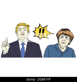 Donald Trump und Angela Merkel. Vektor Cartoon Karikatur Illustration Stock Vektor